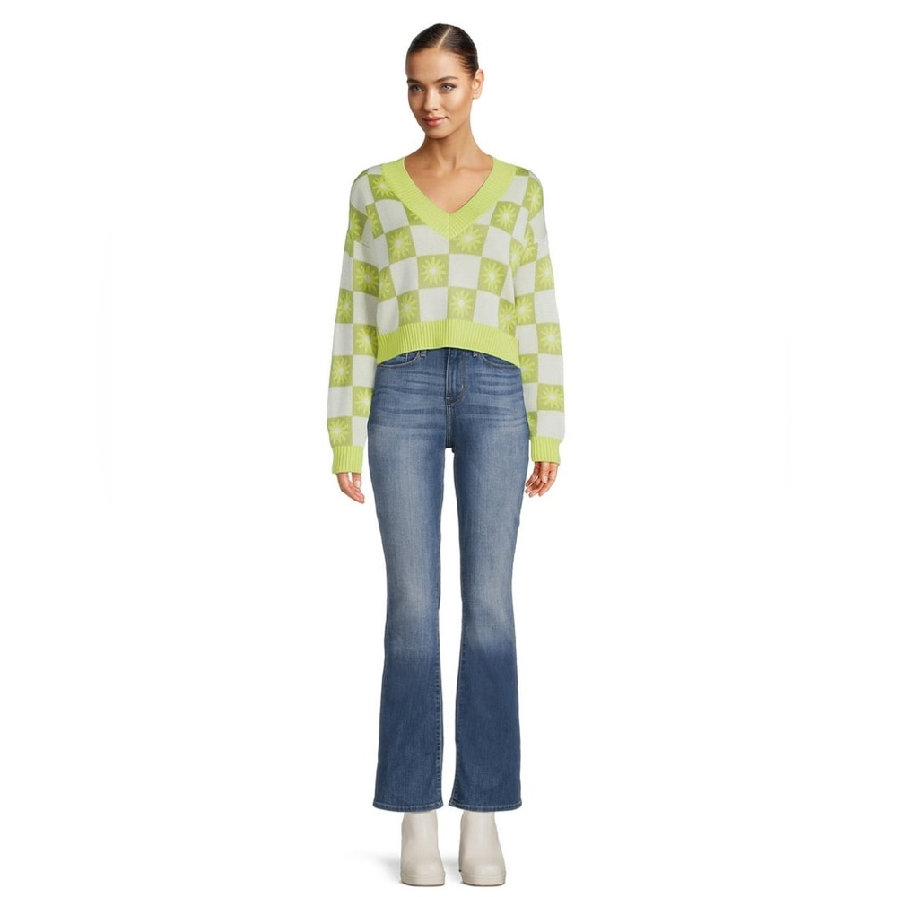 Madden NYC Juniors V-Neck Jacquard Sunburst Cropped Sweater, SZ XS